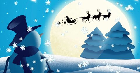 Festive Snowman Watching Santa in Moonlit Winter - Download Free Stock Images Pikwizard.com