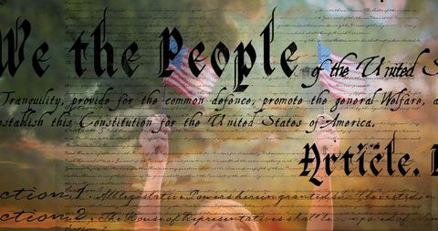 Child Celebrating American Heritage with The Constitution and Flags