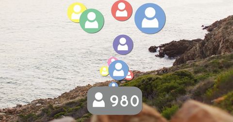 Digital Social Media Icons Overlay Scenic Seascape