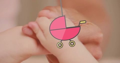 Caucasian baby playing with digital stroller graphic icon