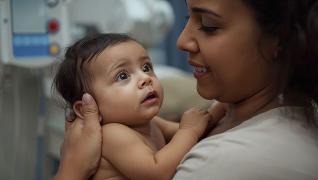 Smiling mother cradling infant at chest in clinic, tender bond and gentle care