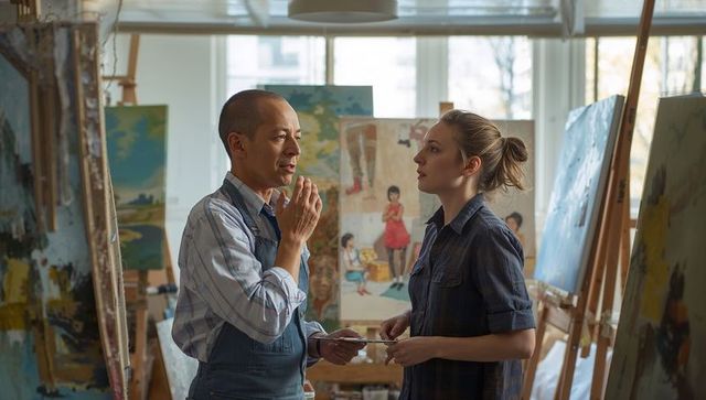 Artist mentoring student in sunlit studio surrounded by canvases and creative tools