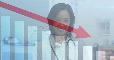 Confident Female Doctor Analyzing Healthcare Trends with Chart Overlay