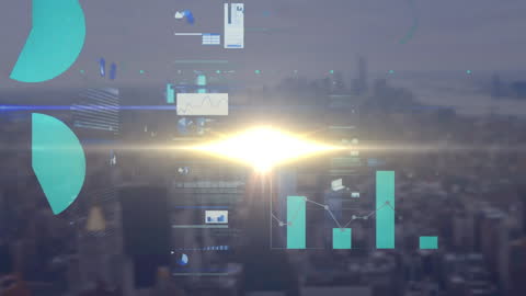 Digital Interface with Media Icons Overlaying Cityscape