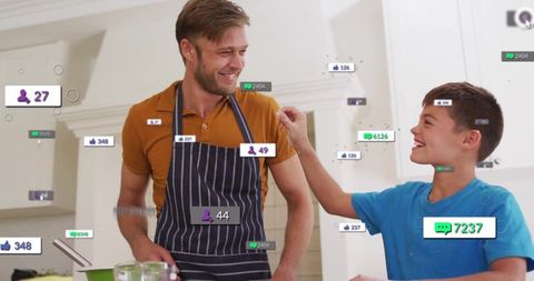 Father and son cooking with social media interaction icons