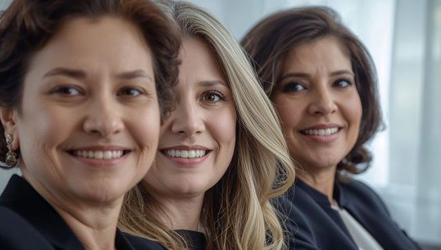 Smiling hispanic businesswomen collaborating in sunlit boardroom wearing dark blazers