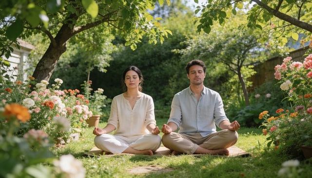 Couple meditating on woven mat in sunlit backyard flower garden practicing mindfulness