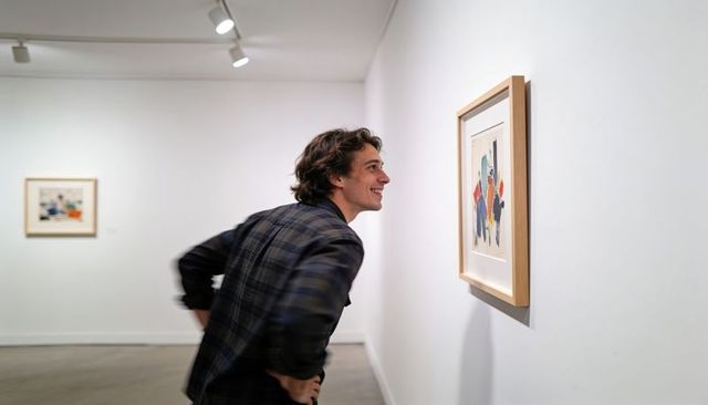Leaning man inspecting framed artwork in minimalist gallery under spotlights