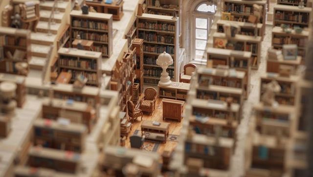 Tilt-shift view of historic library reading nook with wicker chairs, wooden desk, lamp
