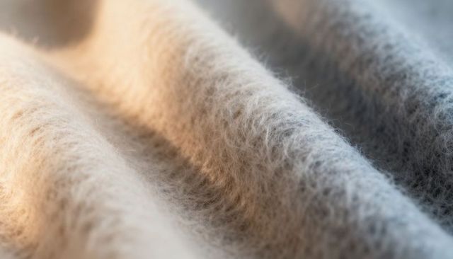 Macro close-up of soft fluffy wool fabric texture with diagonal ridges and warm lighting