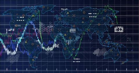 Global finance dashboard displaying live market data, candlestick charts, analytics trends