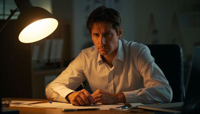 Man Working Late Under Warm Desk Lamp Concentrating on Papers and Reviewing Notes