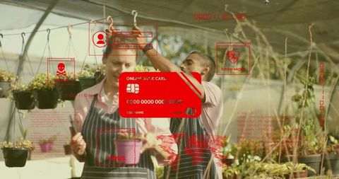 Gardeners wearing aprons working in greenhouse with red credit card cyberattack overlay
