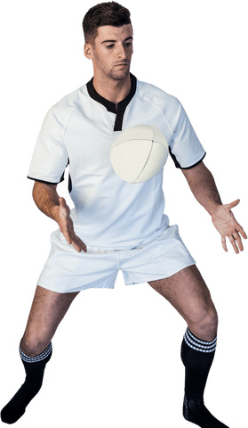 Transparent rugby player in action holding ball