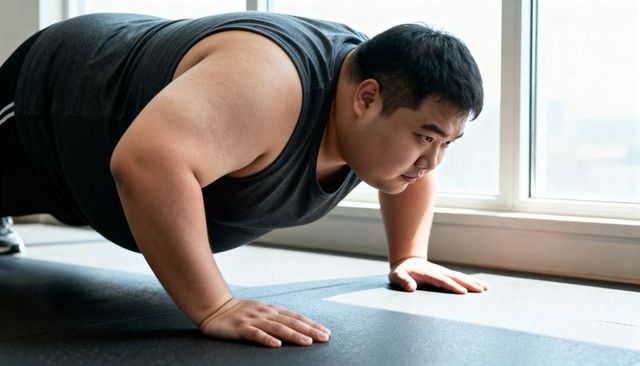 Determined man doing push-ups on mat beside window, indoor workout, strength training