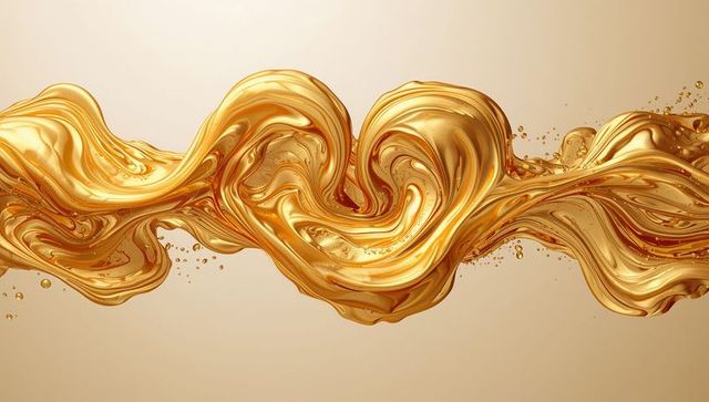 Flowing metallic gold ribbon curling with glossy liquid droplets on warm beige gradient
