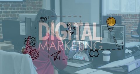 Digital marketing concept with businesswoman video conferencing