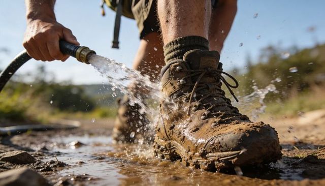Rinsing muddy hiking boot with hose on sunny trail closeup splashing water muddy sole