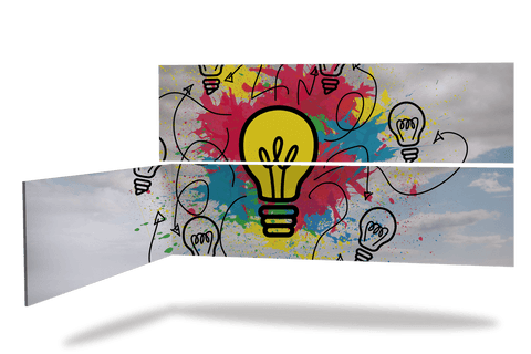 Transparent screen with bright light bulb and colorful paint splashes design