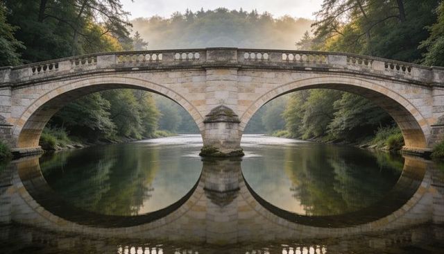 Symmetrical stone bridge with twin arches reflecting in calm river misty forest valley
