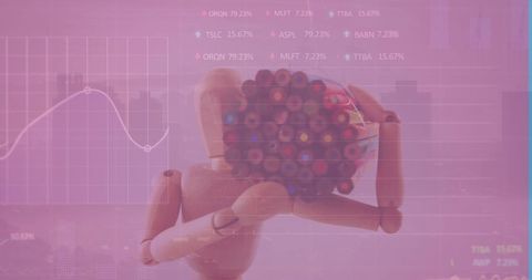 Mannequin holding pencils with education and data overlay