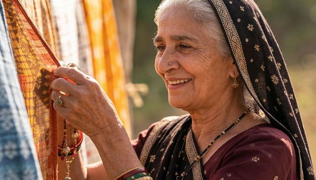Elderly woman inspecting handwoven textile in sunlit courtyard, smiling while holding scarf