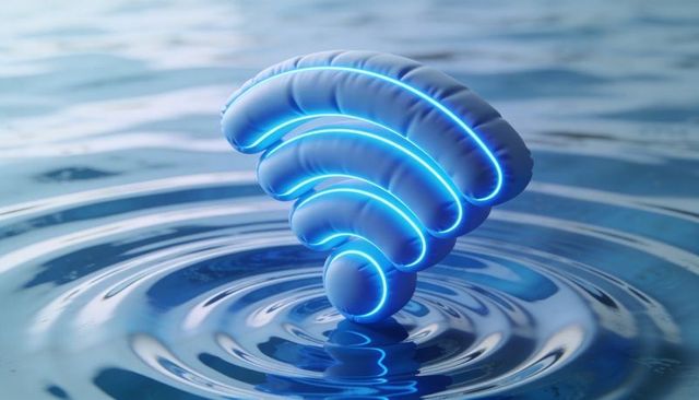 Glowing WiFi Signal Hovering Over Water with Neon Cyan Ripples and Reflective Surface