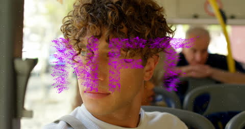 Thoughtful Man on Bus with NFT Concept Overlay