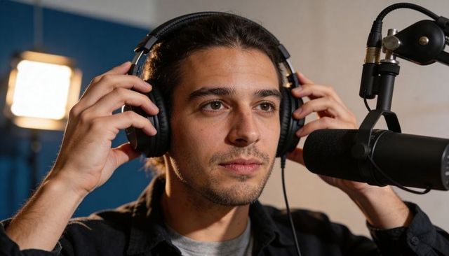 Male podcast host adjusting headphones while speaking into broadcast microphone in studio