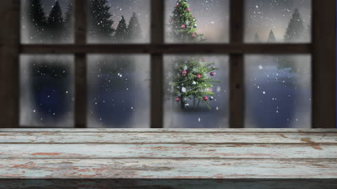 Festive Christmas Tree and Snowy Winter Scene Seen Through Window