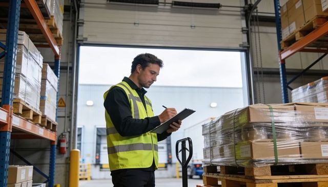 Warehouse worker checking inventory in loading bay wearing hi-vis vest with clipboard
