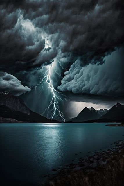 Dramatic Lightning Strikes over Mountain Lake during Storm - Download Free Stock Images Pikwizard.com