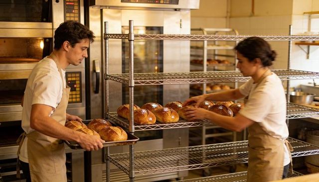Artisan Bakers Transferring Golden Loaves to Cooling Racks in Commercial Bakery Production
