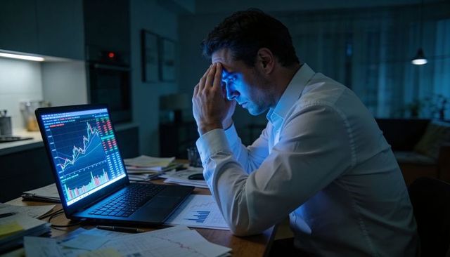 Late night trader studying stock charts on laptop in home office feeling stressed