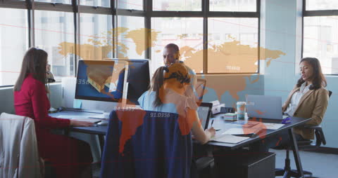 Global Business Teamwork in Modern Office Setting with Digital Overlay