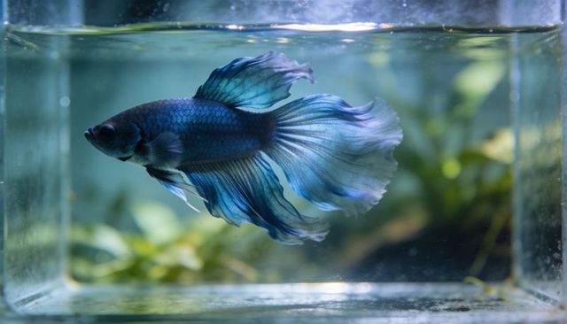 Iridescent blue betta swimming with flowing fins closeup in glass aquarium with soft light