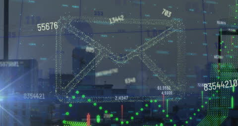 Digital Mail Icon on Data-Driven Cityscape Background