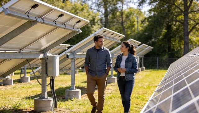 Technicians inspecting ground-mounted solar array in rural field, renewable energy focus