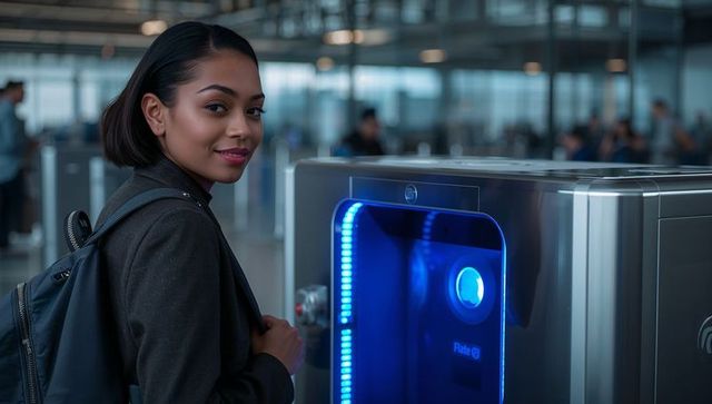 Business traveler standing by blue led gate scanner in modern airport terminal