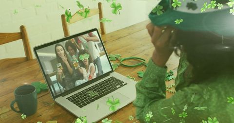 Woman celebrating st. Patrick's day online with friends