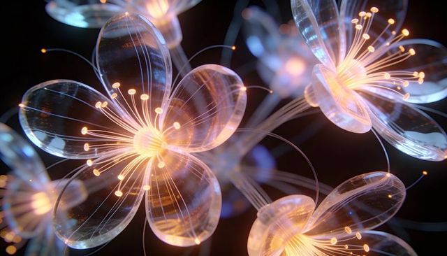 Luminescent glass flowers emitting warm core glow with filamentary tendrils and bokeh