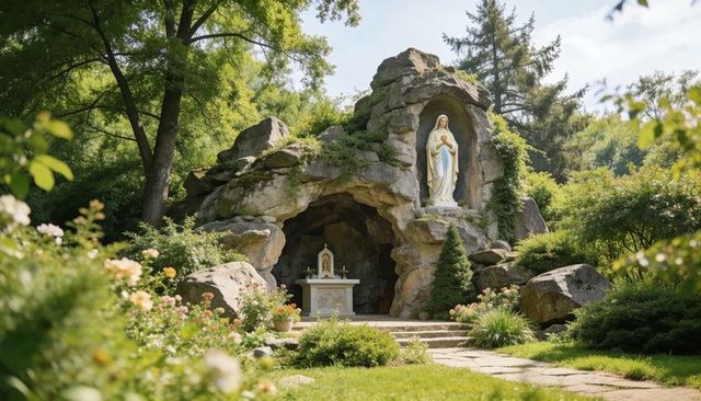 Sunlit garden grotto with standing virgin mary statue and stone altar for devotion