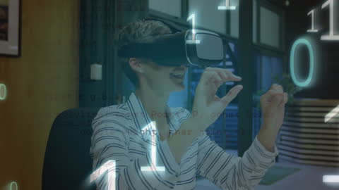 Woman Engaging with Virtual Reality Interface in Futuristic Office