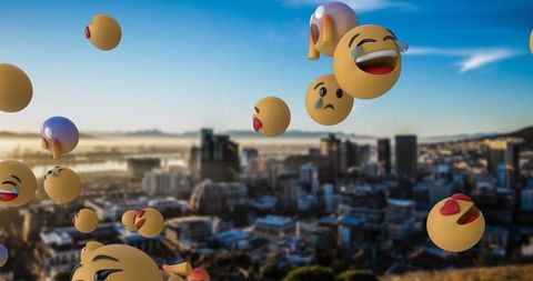 Playful Emojis Floating Over Morning Urban Skyline