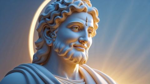 Divine Marble Deity Bust with Halo in Serene Blue-Golden Light