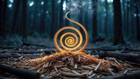 Mystical spiral light in forest: organic and enigmatic sandalwood art