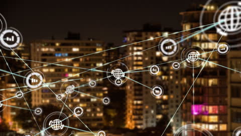 Cityscape at Night with Digital Connection Network Overlay