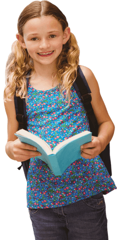smiling young girl reading book with school backpack - Download Free Stock Videos Pikwizard.com