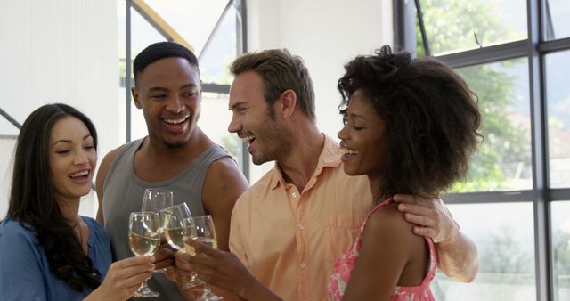 Friends Celebrating with White Wine Toast at Home - Download Free Stock Images Pikwizard.com