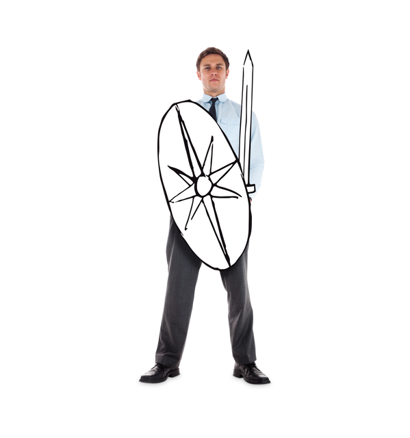 Serious Caucasian Businessman With Sword and Shield on Transparent Background - Download Free Stock Videos Pikwizard.com